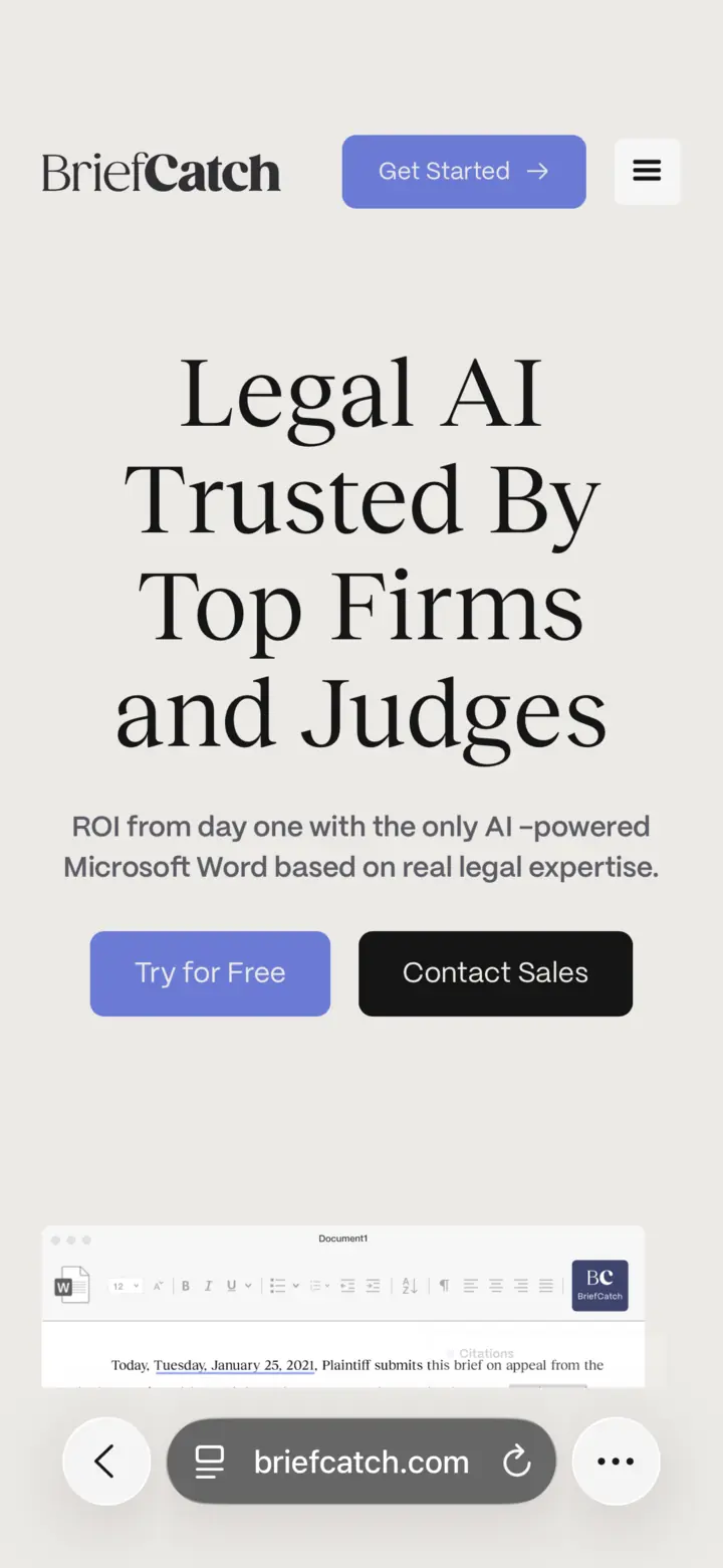 The BriefCatch home page on a phone: Legal AI trusted by top firms and judges