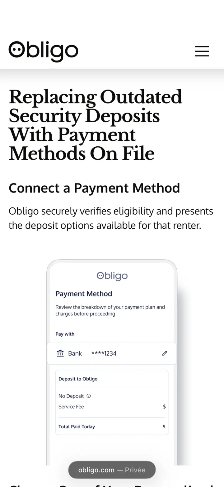 Obligo on a phone: connecting a payment method, with the product shown in its phone mockup