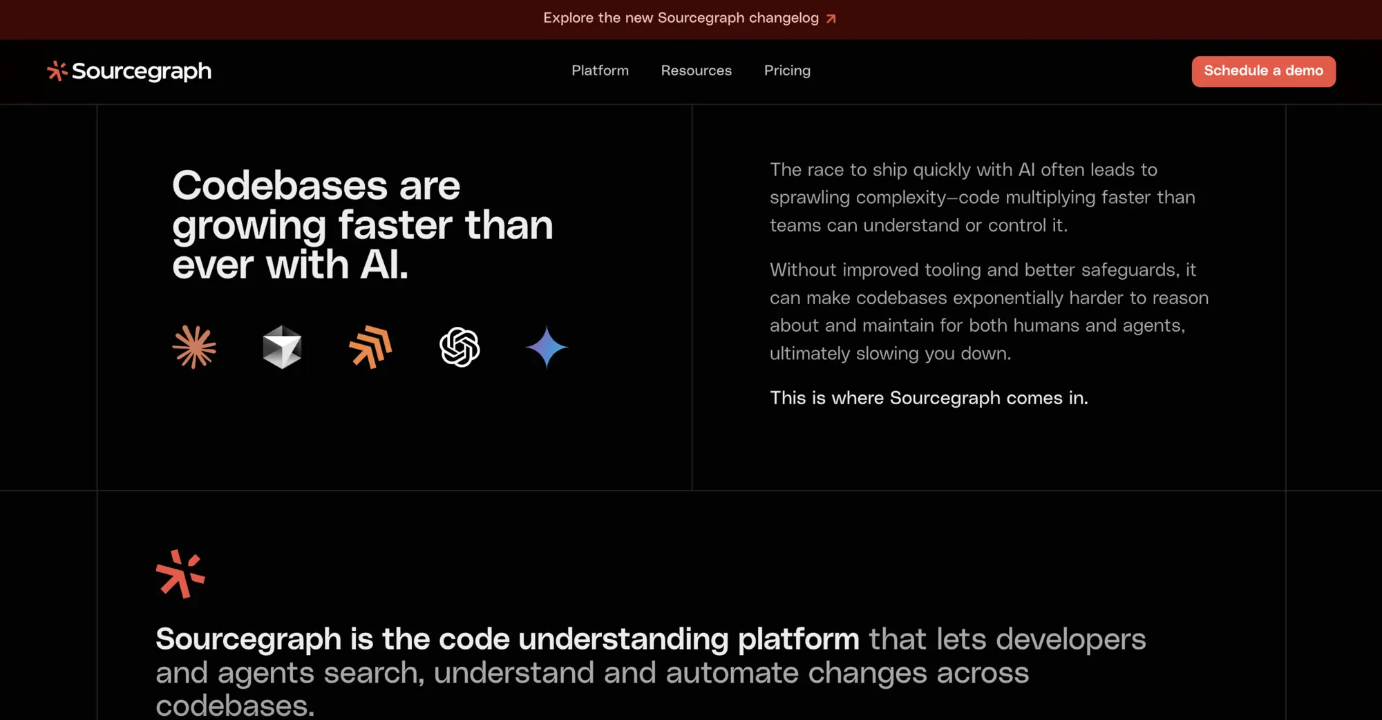 A Sourcegraph home page section: Codebases are growing faster than ever with AI